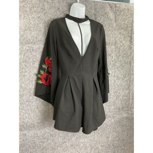 Vintage Black Romper Plunge V-Neck Bell Sleeve Red‎ Rose Embroidered Gothic M